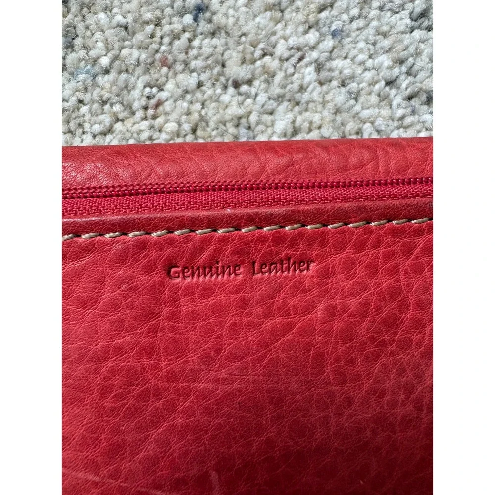 Fossil Womens Trifold Wallet Red Pebbled Genuine Leather Vintage Boho Classic